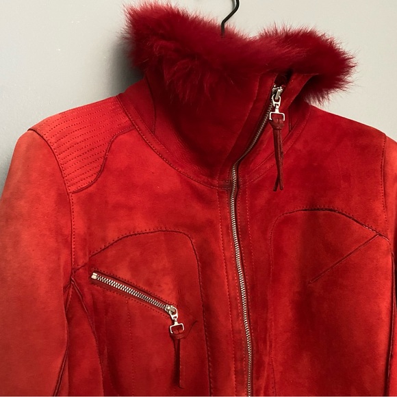 Ferrari red real shearling fur sheepskin moto biker apres ski jacket S - Picture 12 of 13